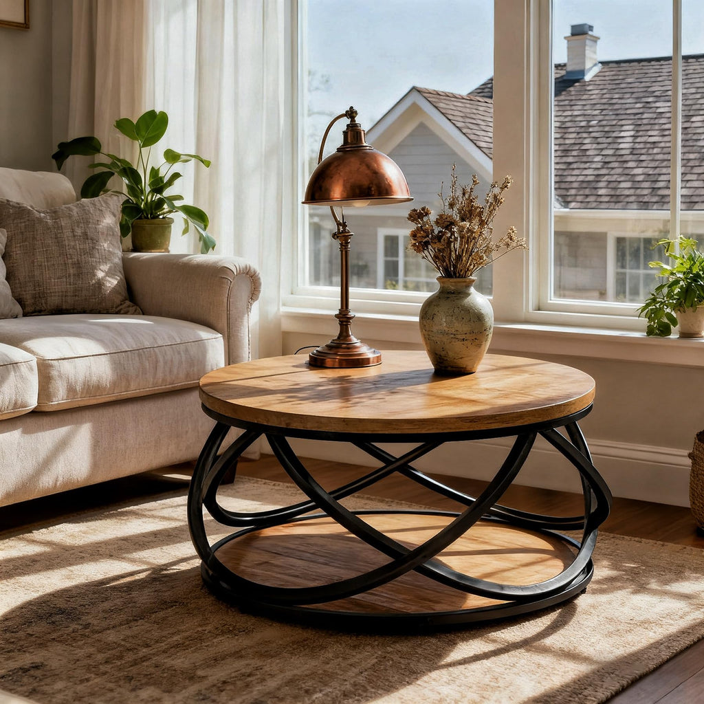 2-Tier Round Coffee Table with Storage Shelf A4836