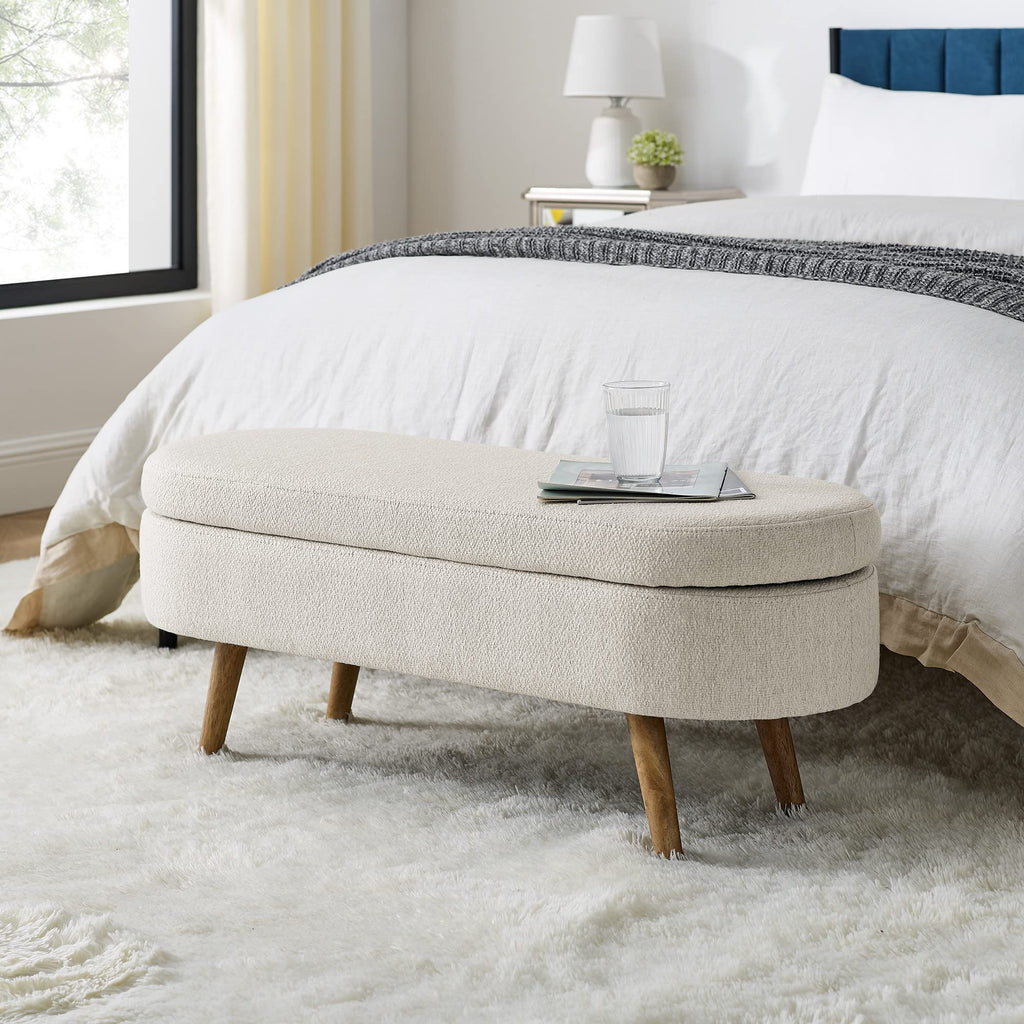 Beige Oval Storage Ottoman Bench with Rubber Wood Legs R502283