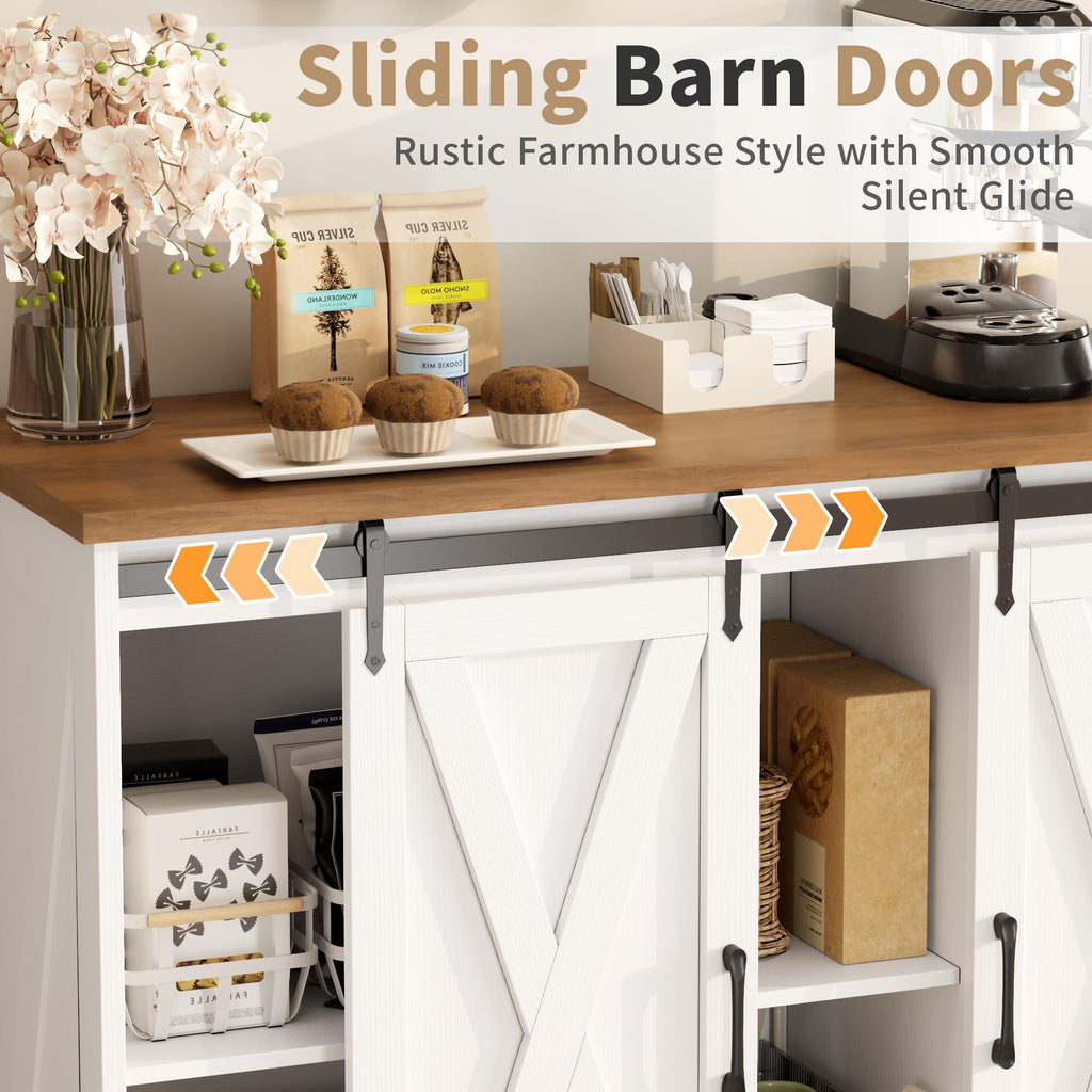 Rustic White Coffee Bar Cabinet with Sliding Barn Doors K512651