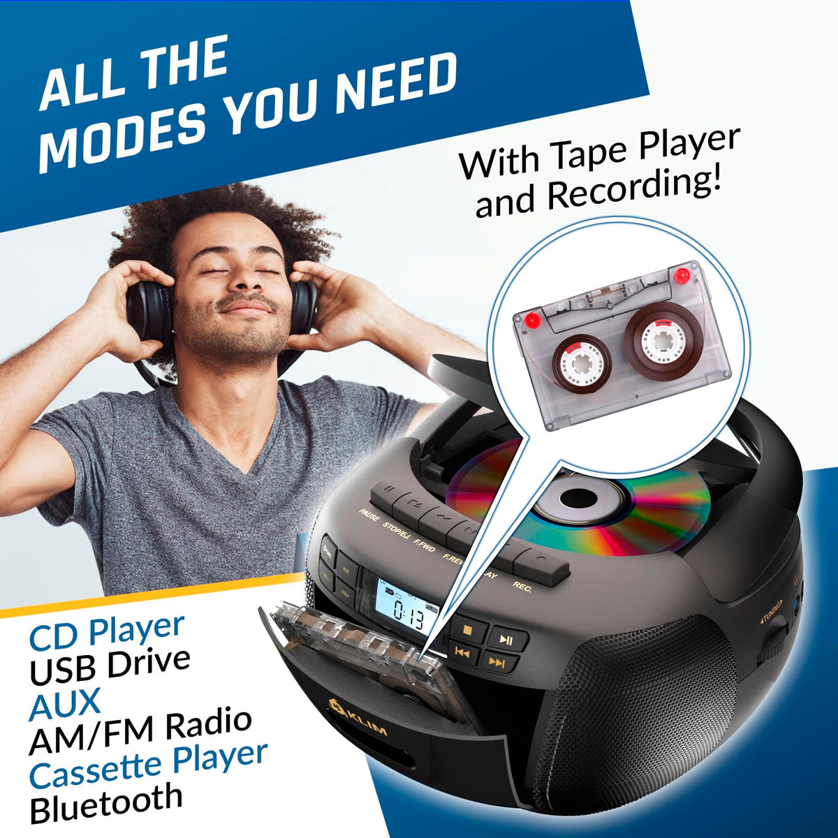 Black CD Cassette Player Boombox with Bluetooth and AM FM Radio J47158