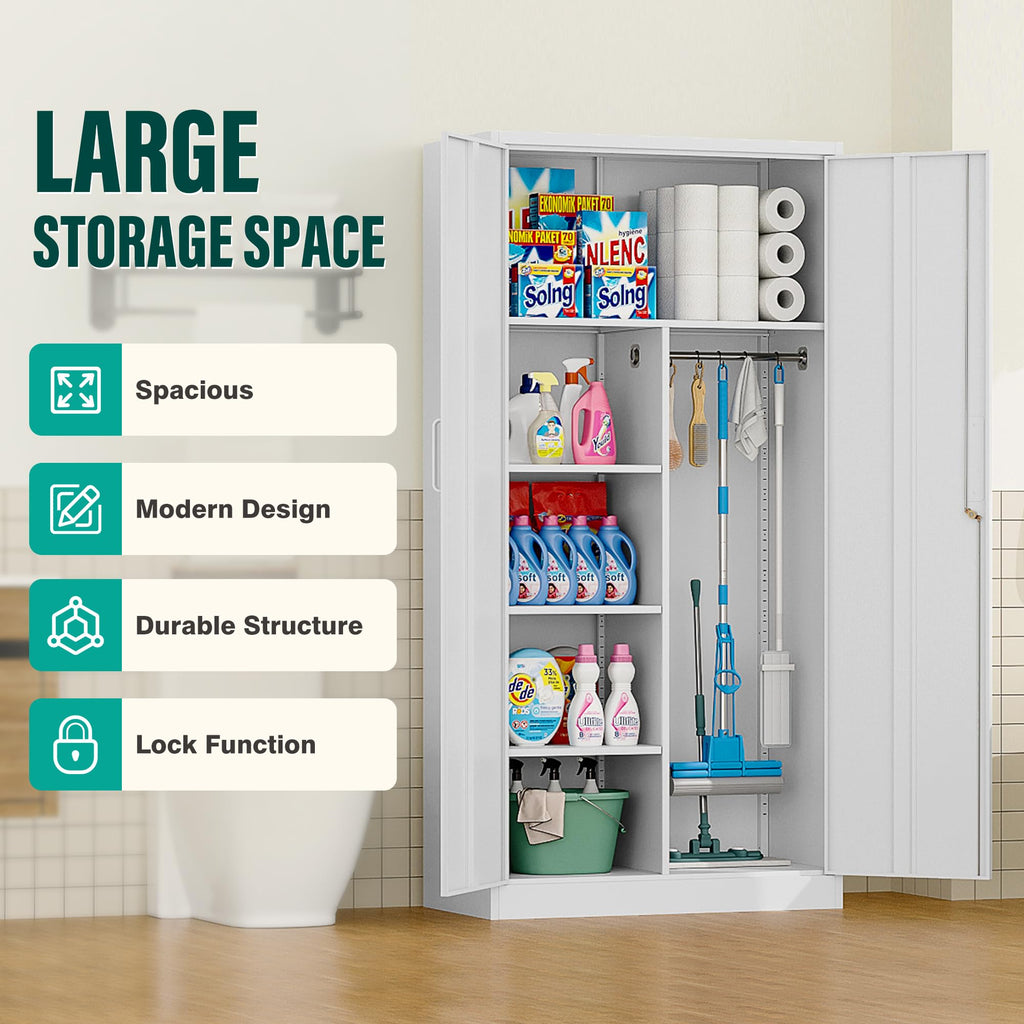 White Metal Storage Cabinet with Hanging Rod and Lock L92996