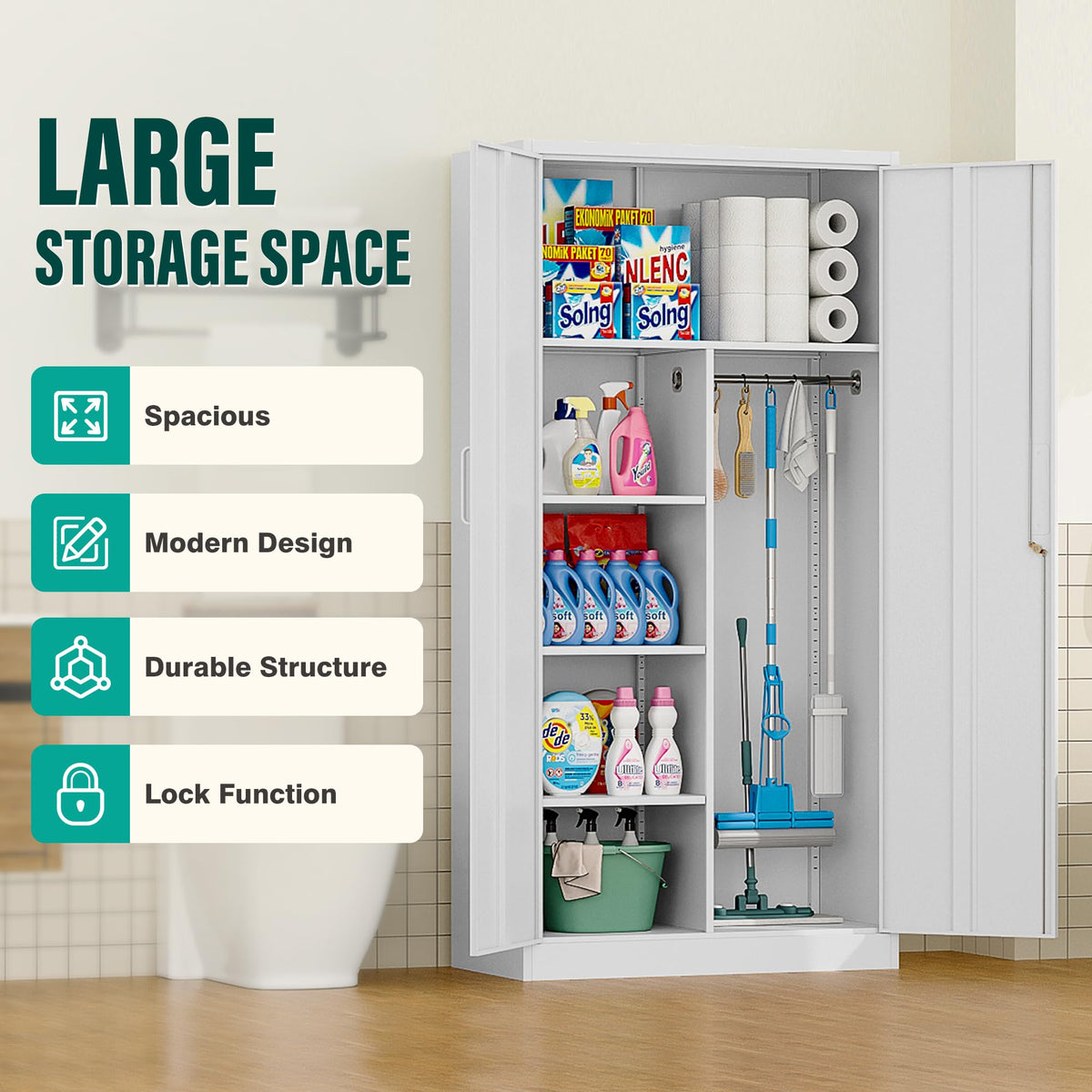 White Metal Storage Cabinet with Hanging Rod and Lock L92996