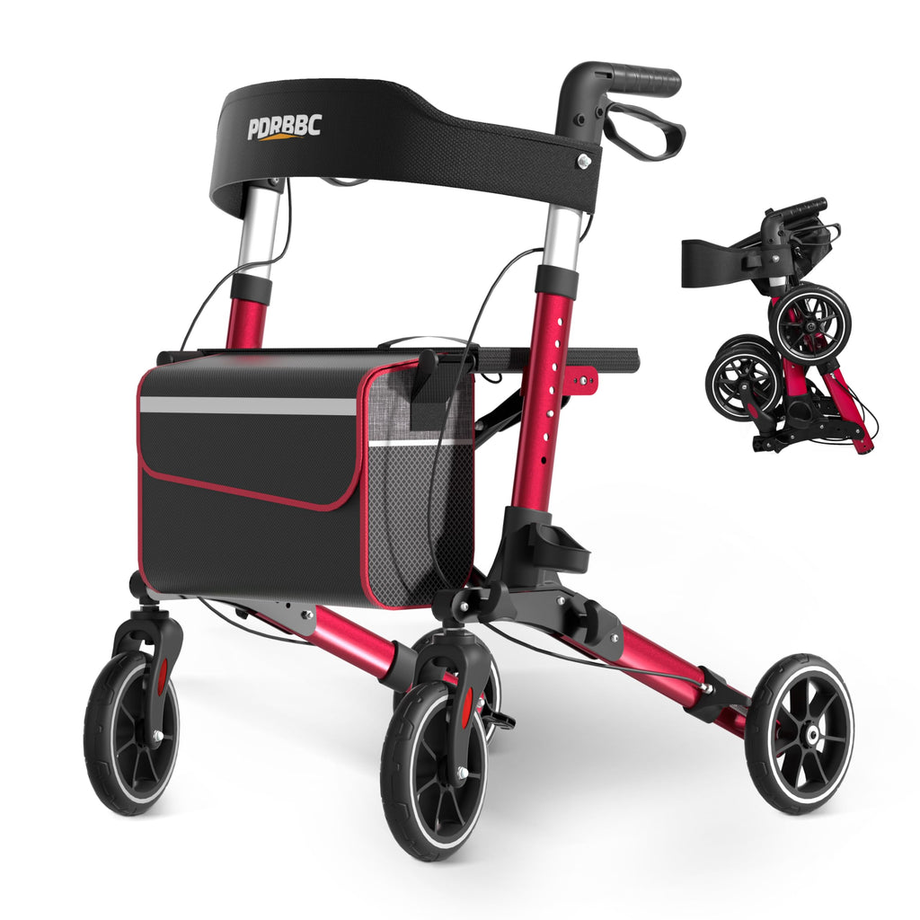 Red Foldable Lightweight Aluminum Rollator Walker with Seat and Brakes C439602