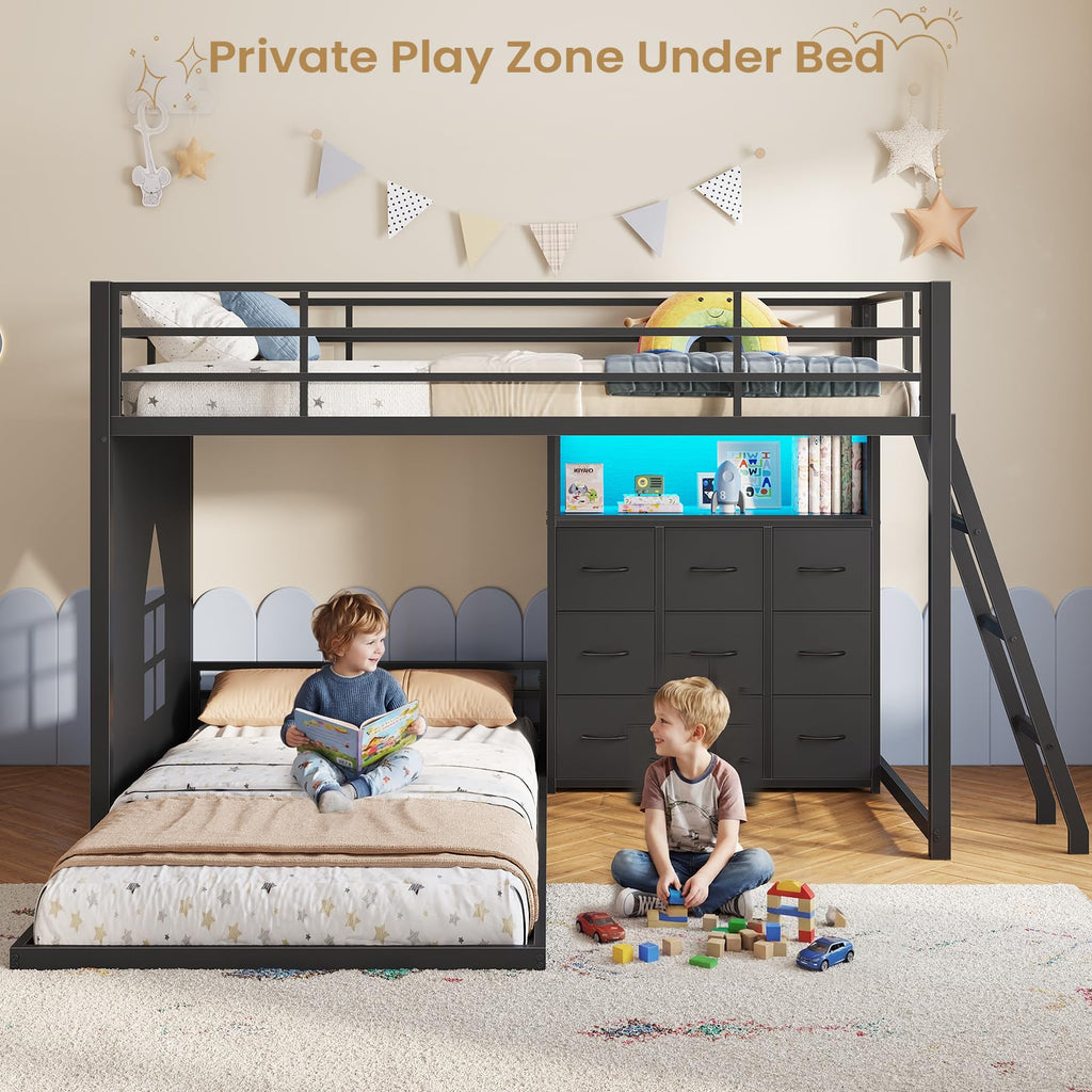 Twin Over Twin L-Shaped Bunk Bed with 9 Storage Drawers, LED Lights, Guardrail & Ladder, Black L15672