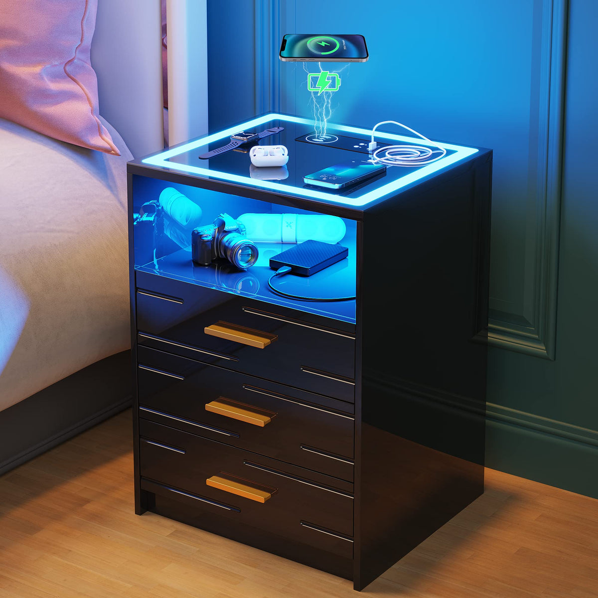 Black High Gloss Nightstand with Wireless Charging Station A14020