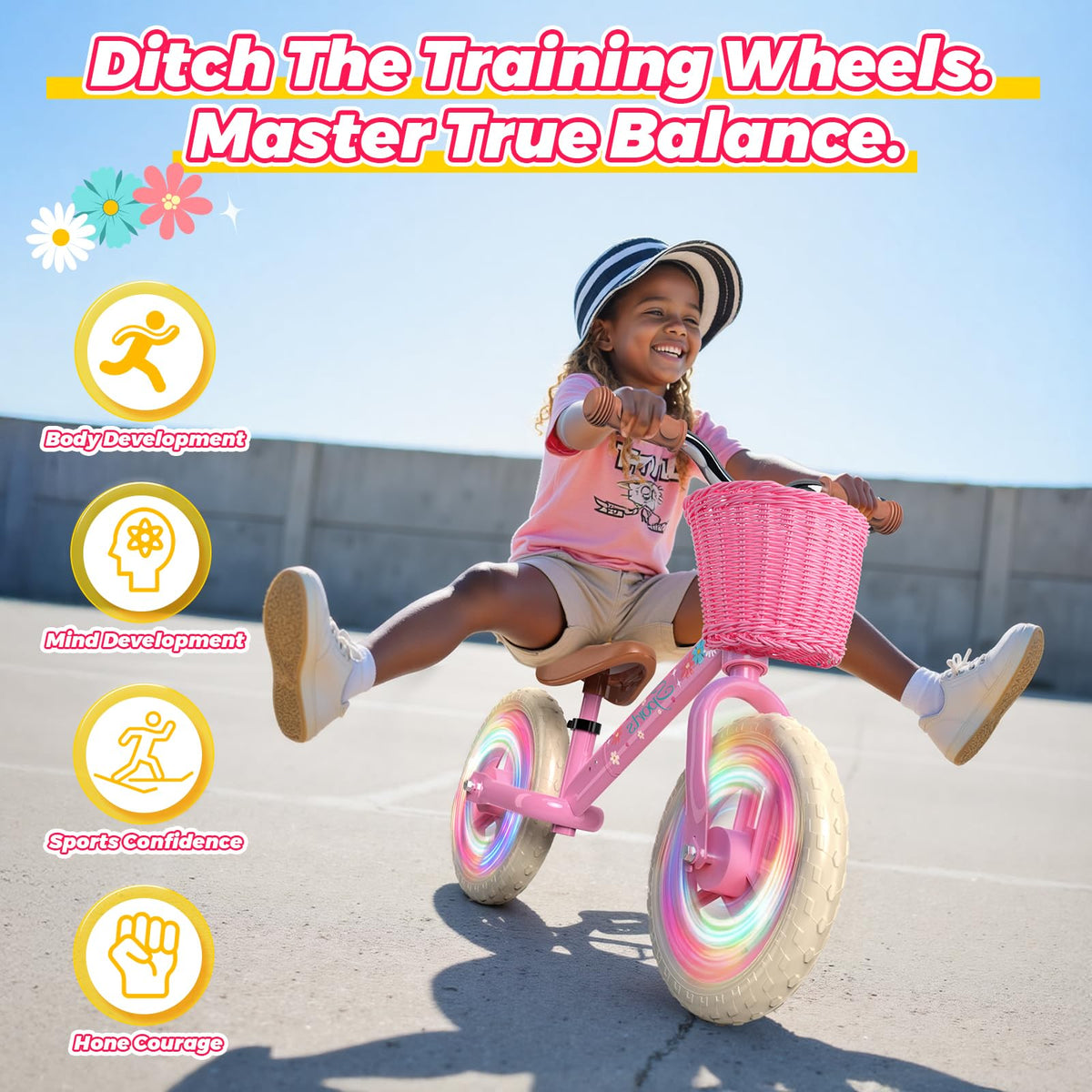 Toddler Balance Bike with Fender, Adjustable Seat/Handlebar, Flat-Free LED Tires A729555