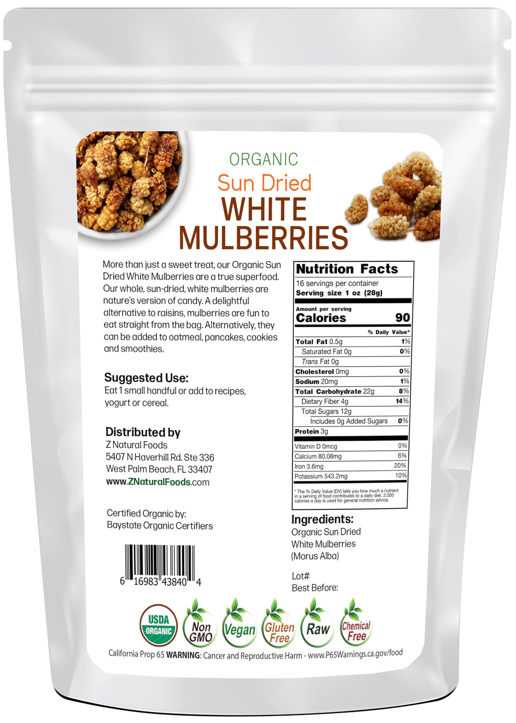 Organic White Mulberries Sun Dried 1 lb Q5942