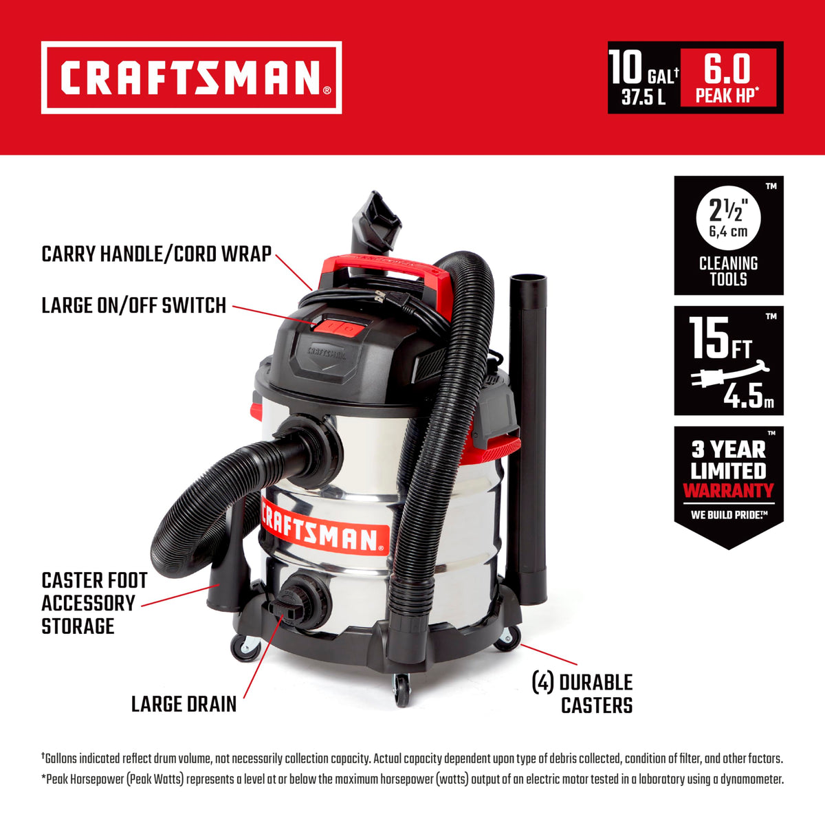 10 Gallon 6.0 Peak HP Stainless Steel Vacuum U4872