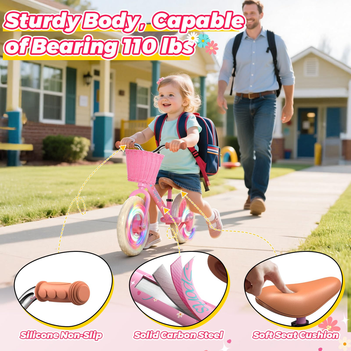 Toddler Balance Bike with Fender, Adjustable Seat/Handlebar, Flat-Free LED Tires A729555