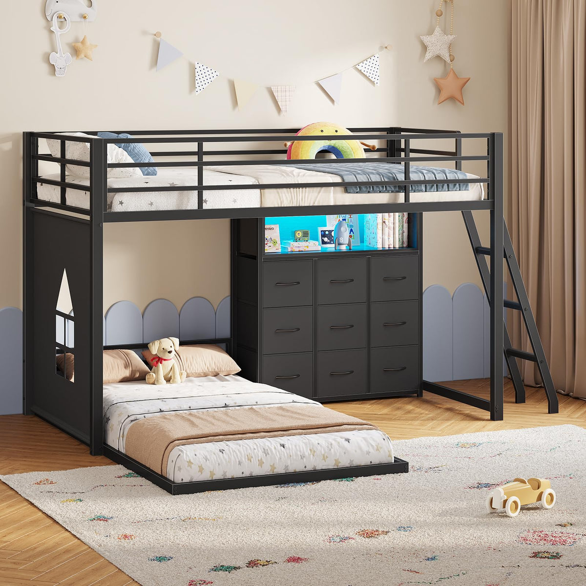 Twin Over Twin L-Shaped Bunk Bed with 9 Storage Drawers, LED Lights, Guardrail & Ladder, Black L15672