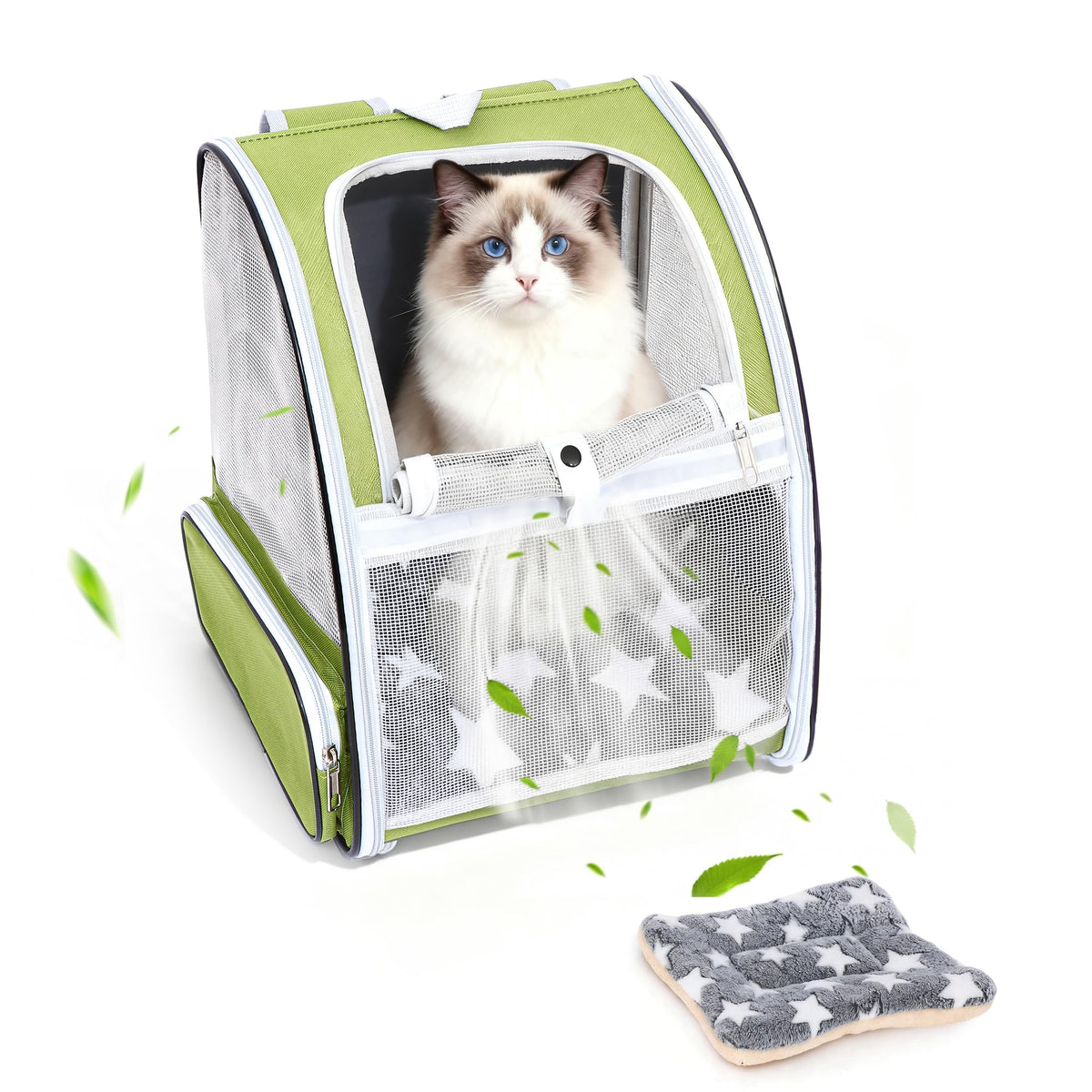 Cat Backpack Carrier with Washable Bed Mat Green A6583