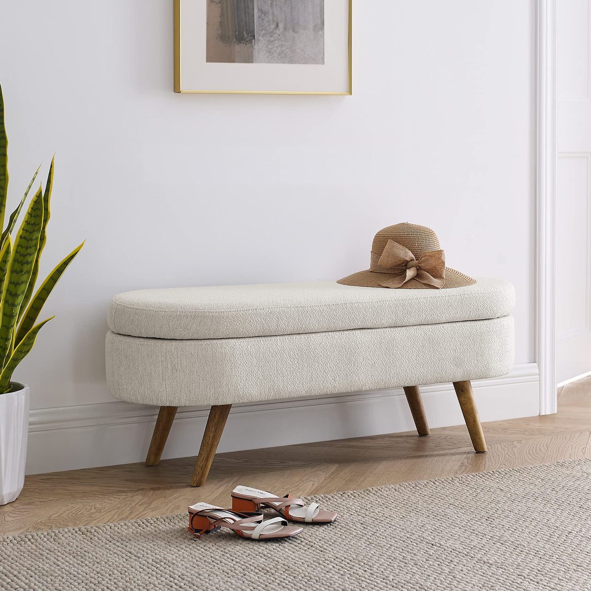 Beige Oval Storage Ottoman Bench with Rubber Wood Legs R502283