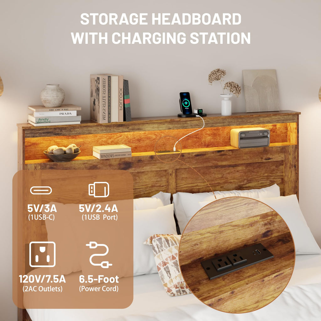 King Size Wooden Bed Frame with Storage Headboard H249420