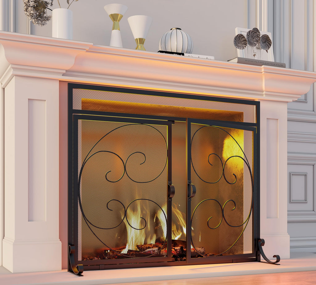 Wrought Iron Fireplace Screen with Magnetic Double Doors Black H740