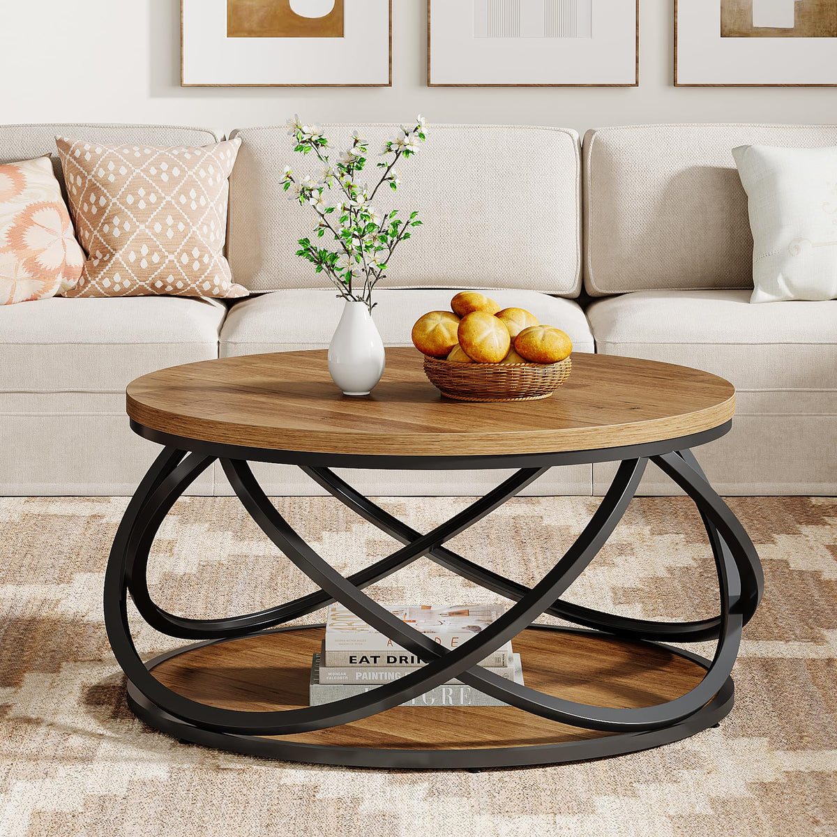 2-Tier Round Coffee Table with Storage Shelf A4836