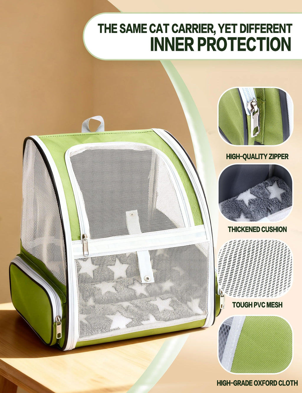 Cat Backpack Carrier with Washable Bed Mat Green A6583