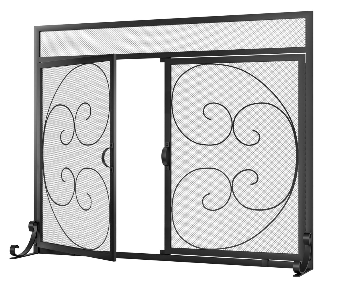 Wrought Iron Fireplace Screen with Magnetic Double Doors Black H740