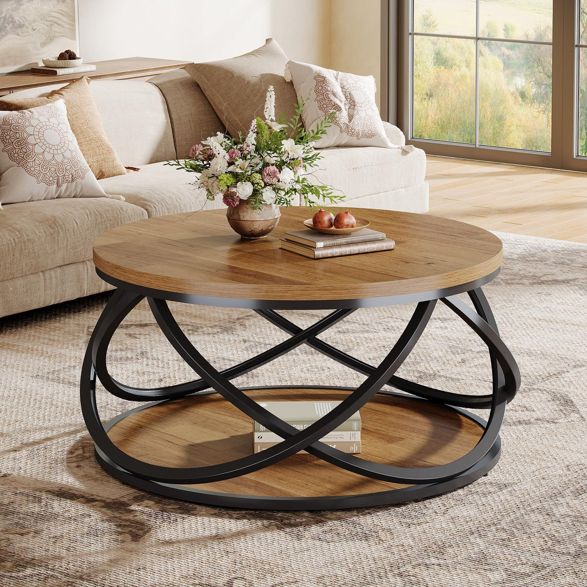 2-Tier Round Coffee Table with Storage Shelf A4836
