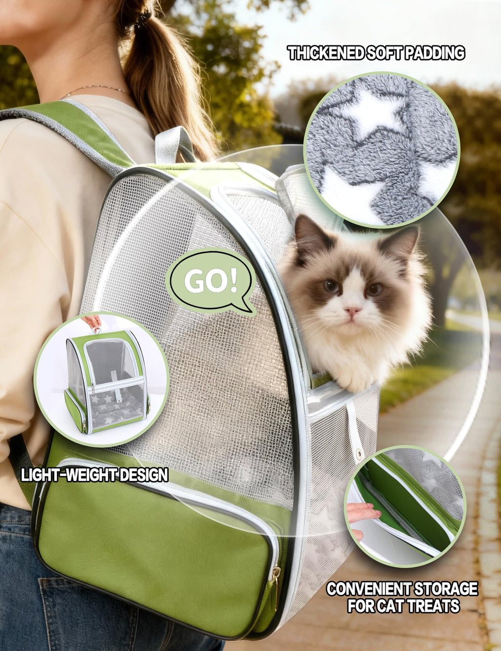 Cat Backpack Carrier with Washable Bed Mat Green A6583