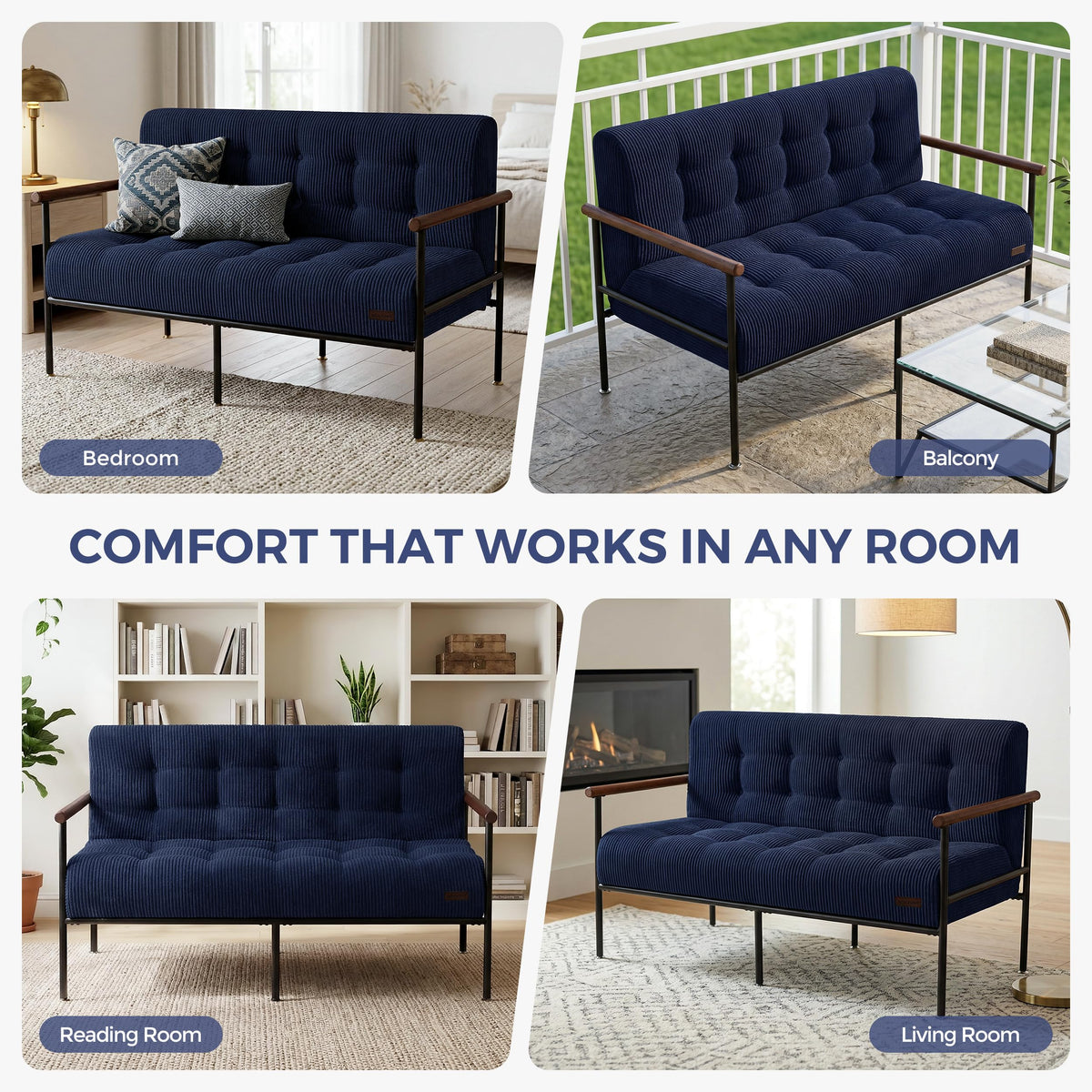 Loveseat Sofa Chair with Metal Frame and Wood Armrests P58124