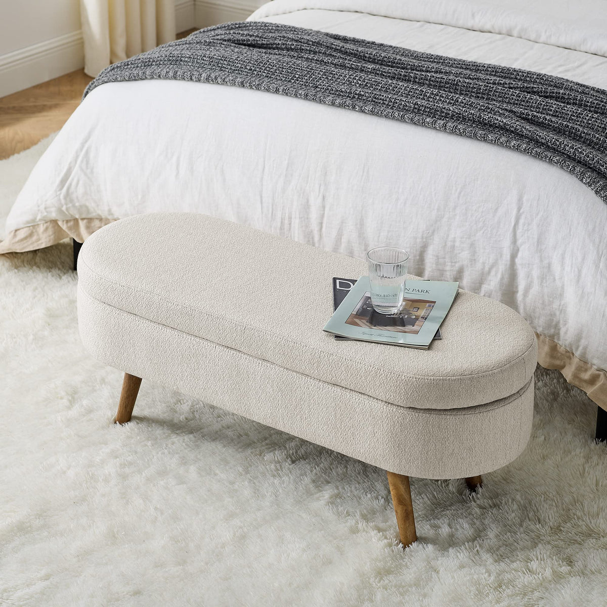 Beige Oval Storage Ottoman Bench with Rubber Wood Legs R502283