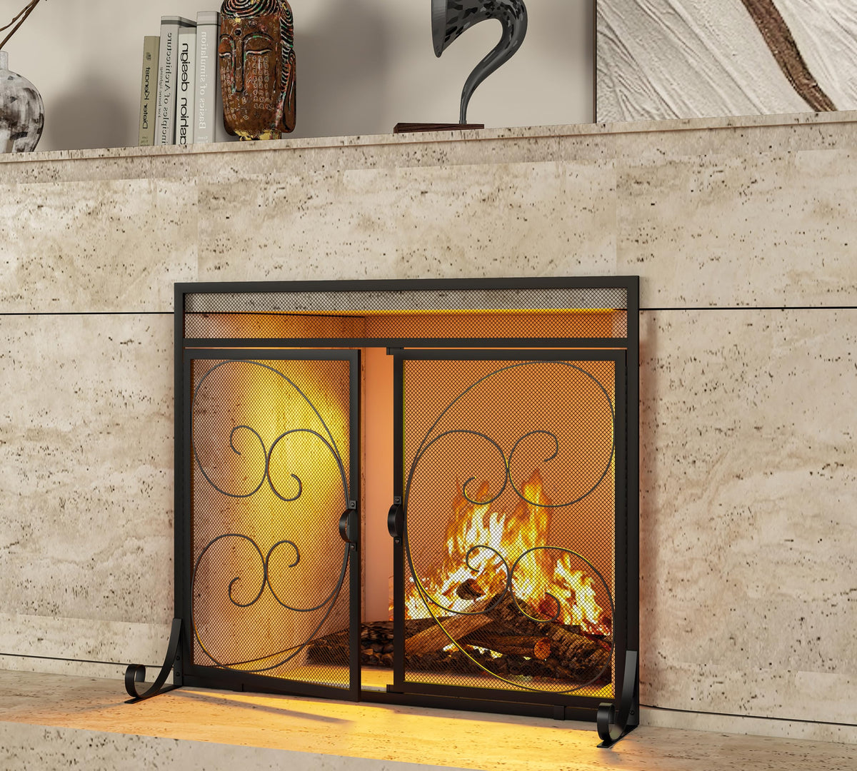 Flat Fireplace Screen with Hinged Doors Wrought Iron Mesh Black A316901
