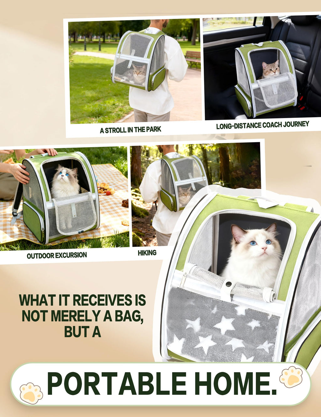Cat Backpack Carrier with Washable Bed Mat Green A6583