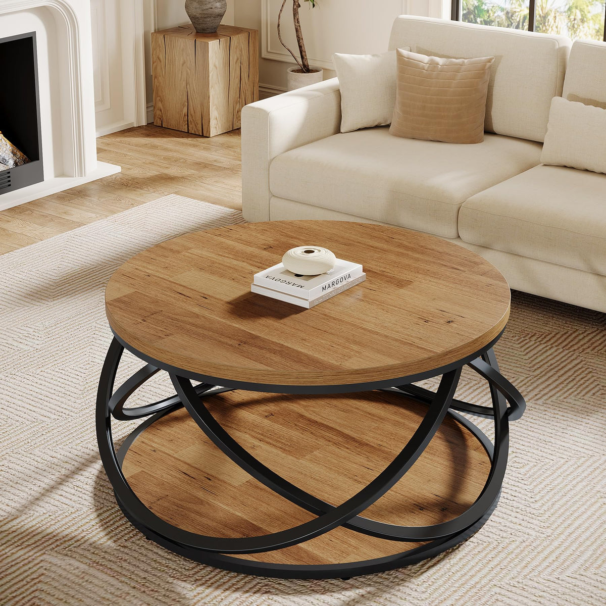 2-Tier Round Coffee Table with Storage Shelf A4836
