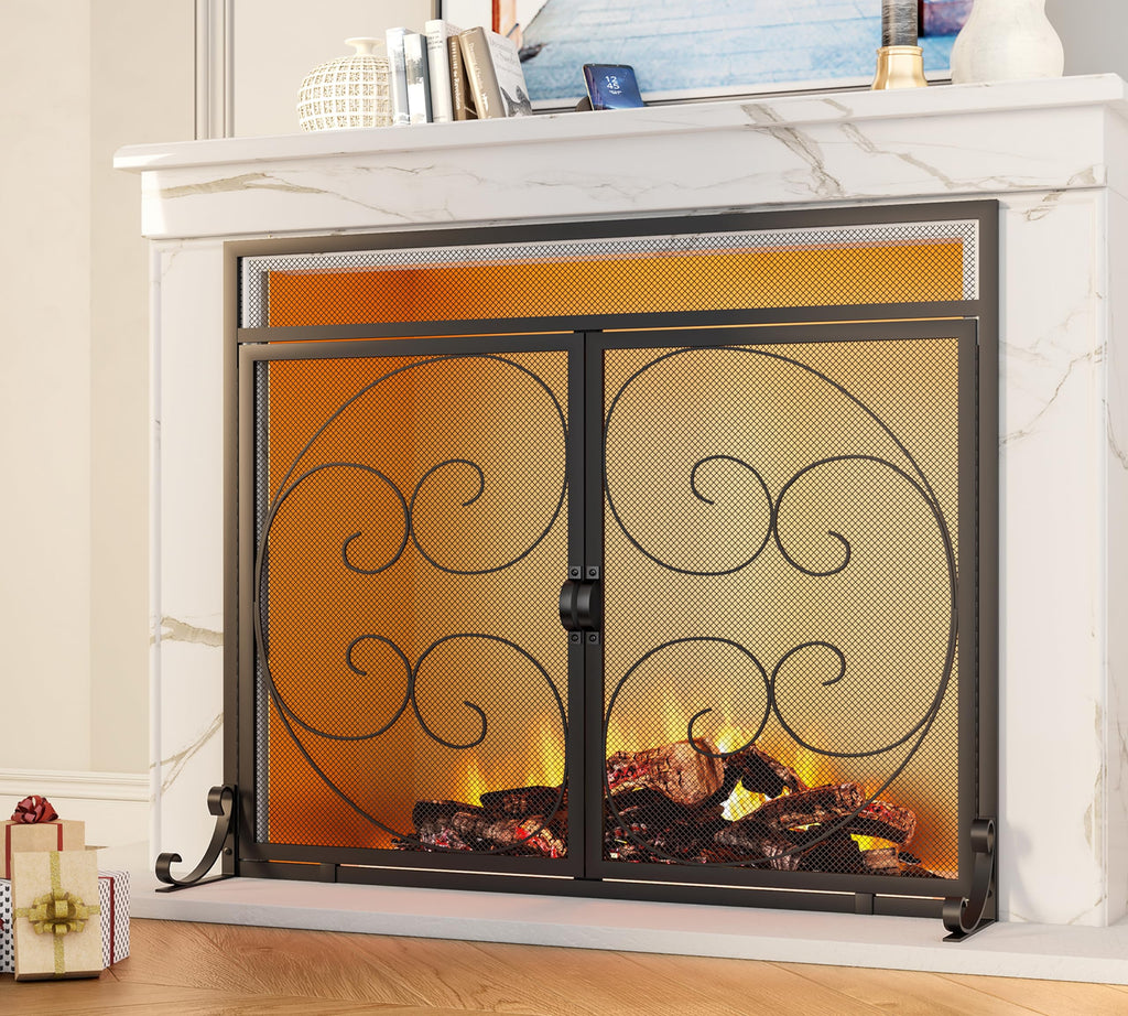 Wrought Iron Fireplace Screen with Magnetic Double Doors Black H740