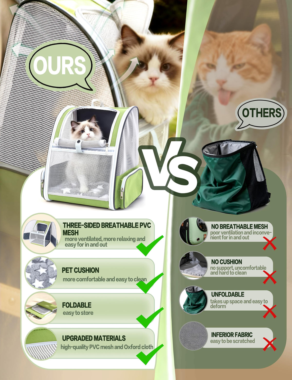 Cat Backpack Carrier with Washable Bed Mat Green A6583