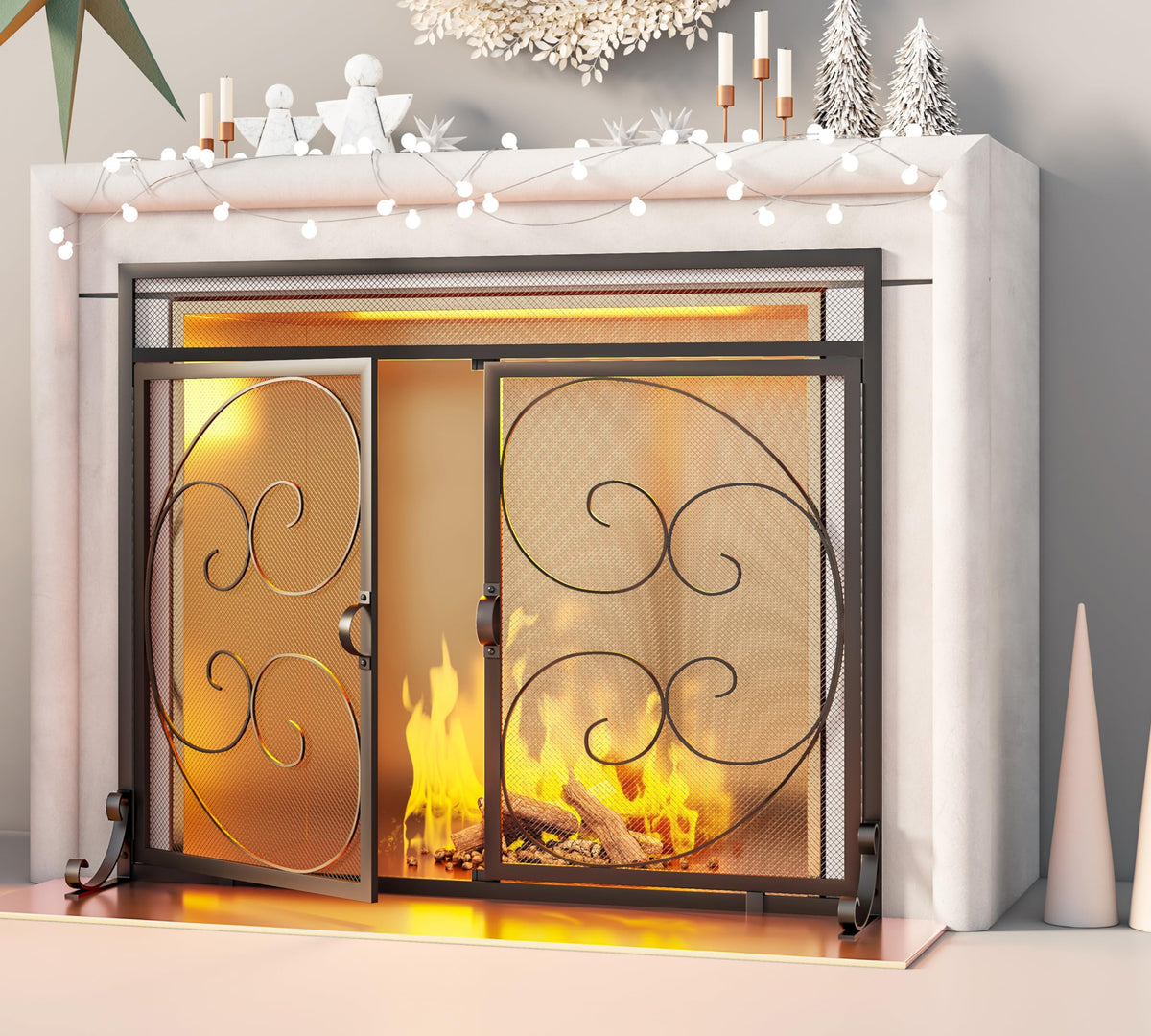Wrought Iron Fireplace Screen with Magnetic Double Doors Black H740