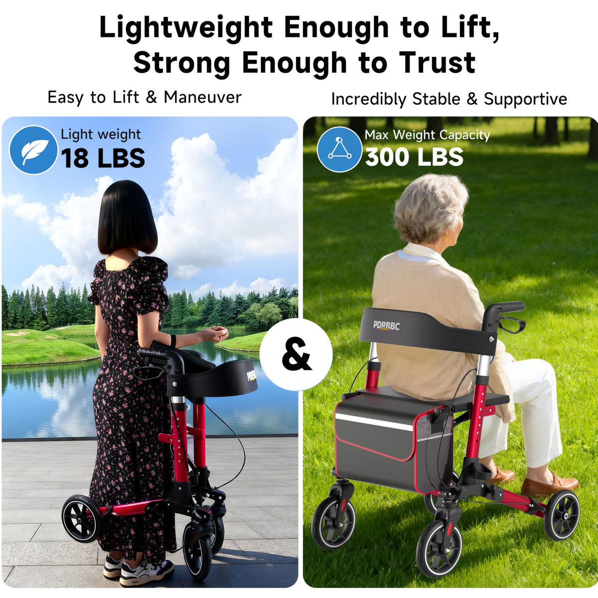 Red Foldable Lightweight Aluminum Rollator Walker with Seat and Brakes C439602