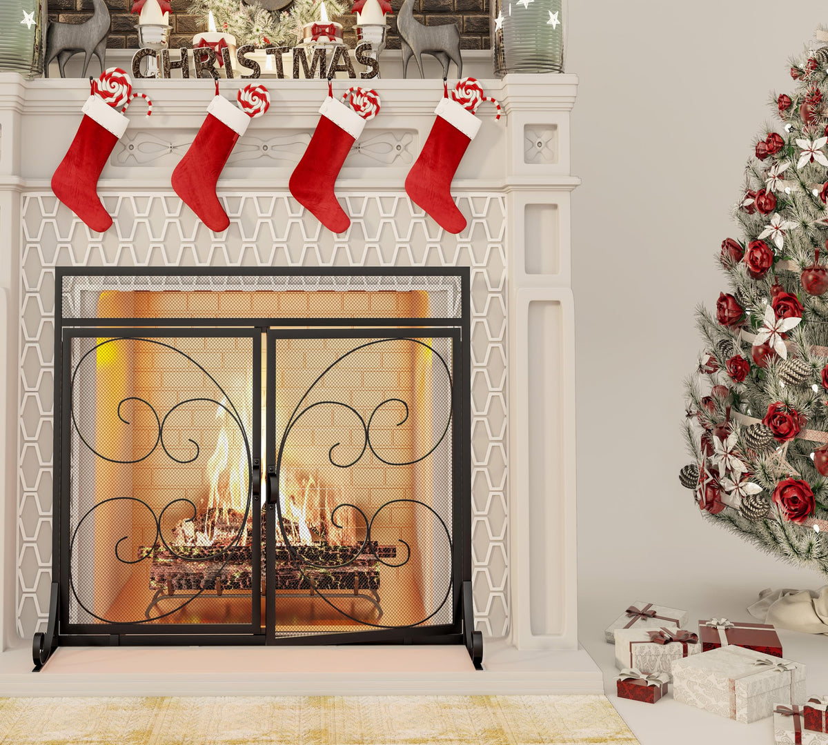 Flat Fireplace Screen with Hinged Doors Wrought Iron Mesh Black A316901