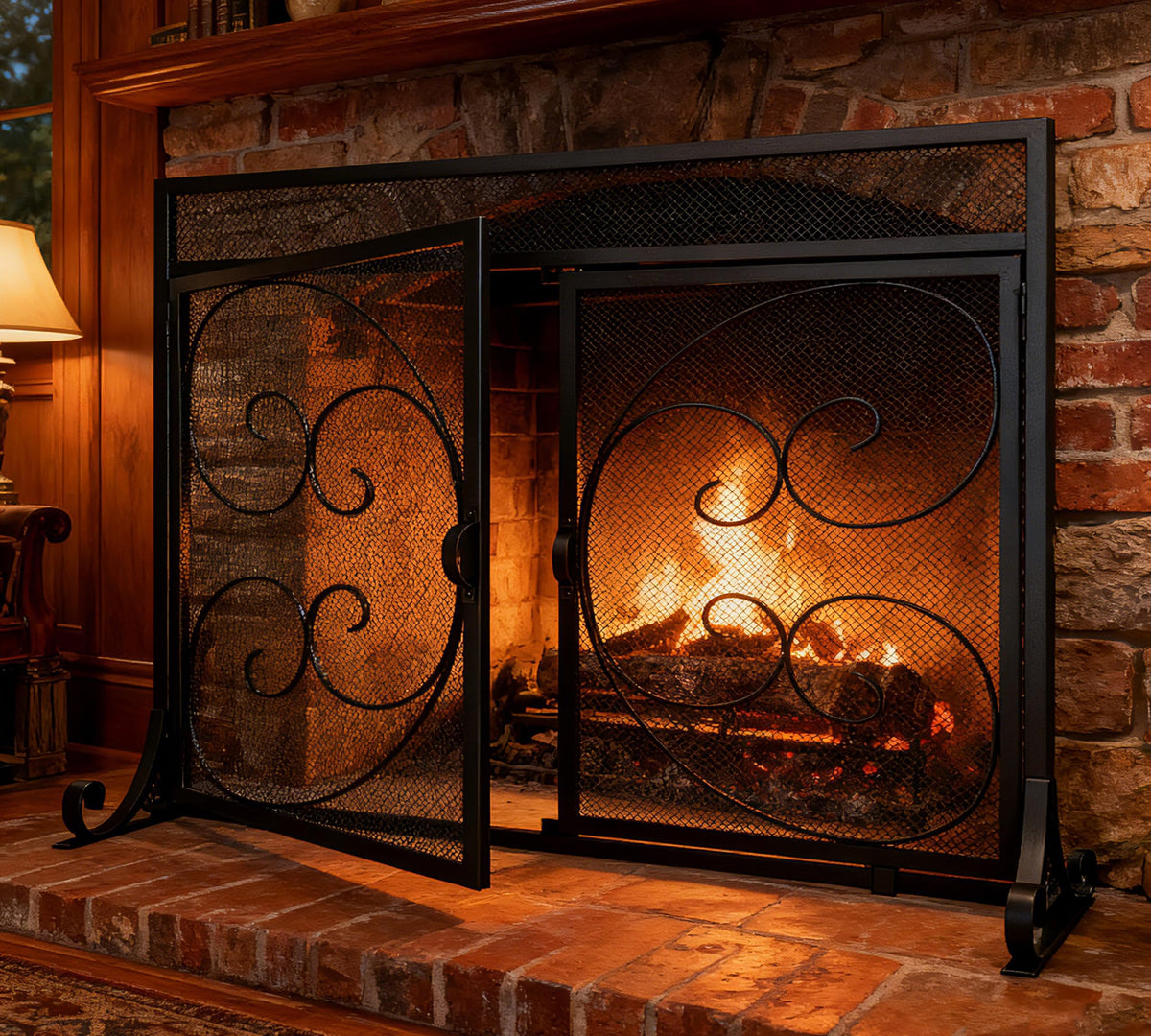 Flat Fireplace Screen with Hinged Doors Wrought Iron Mesh Black A316901