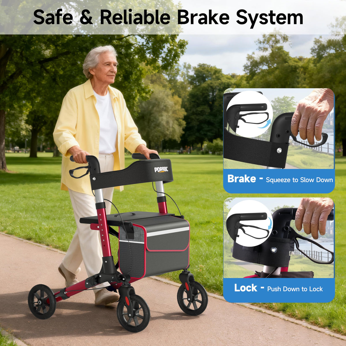 Red Foldable Lightweight Aluminum Rollator Walker with Seat and Brakes C439602