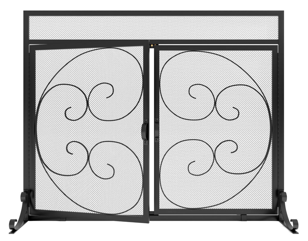 Wrought Iron Fireplace Screen with Magnetic Double Doors Black H740