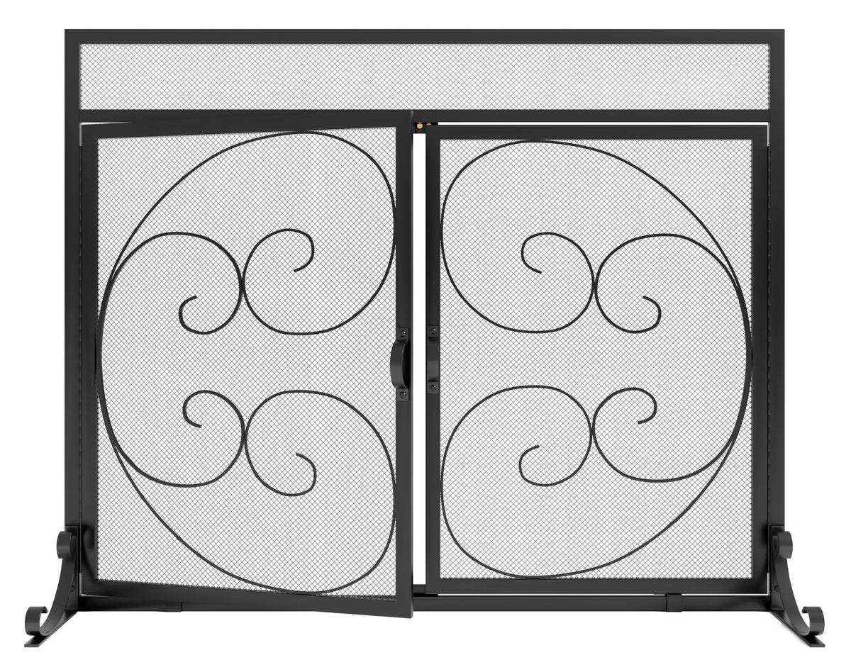 Wrought Iron Fireplace Screen with Magnetic Double Doors Black H740