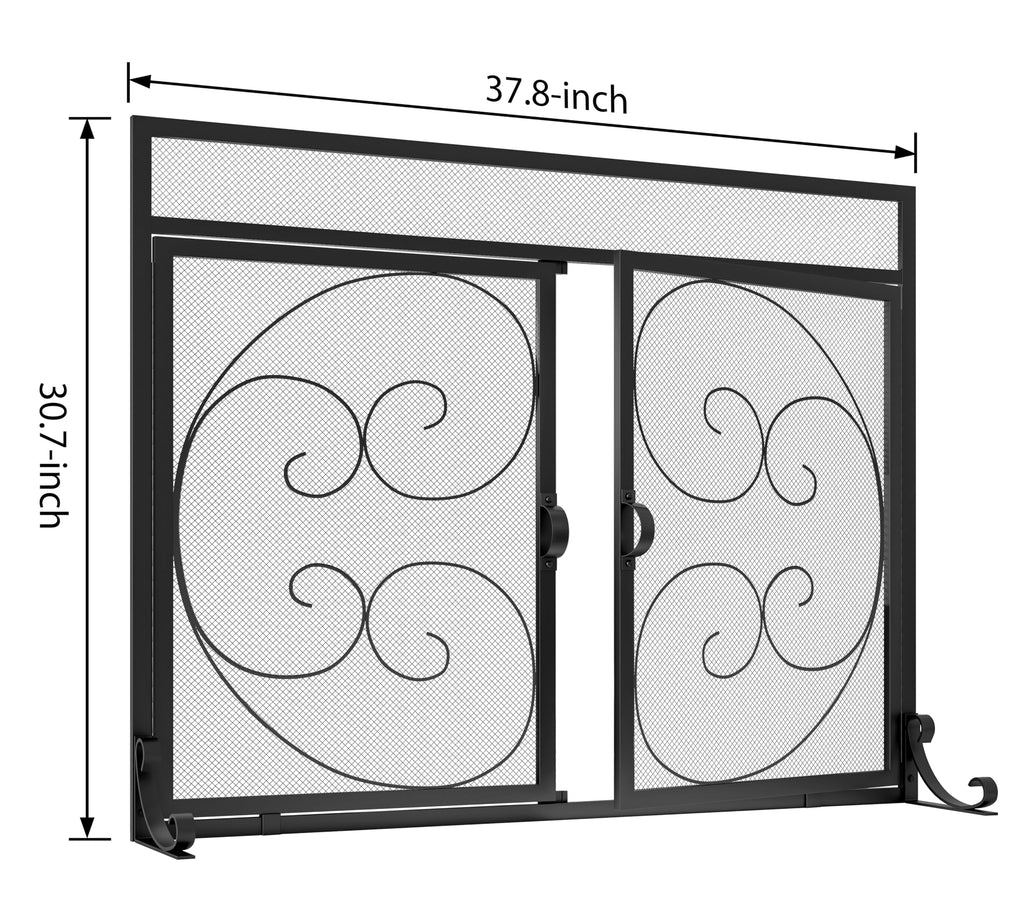 Wrought Iron Fireplace Screen with Magnetic Double Doors Black H740