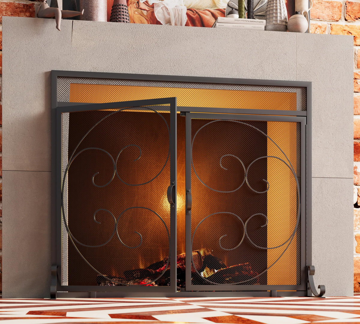 Wrought Iron Fireplace Screen with Magnetic Double Doors Black H740